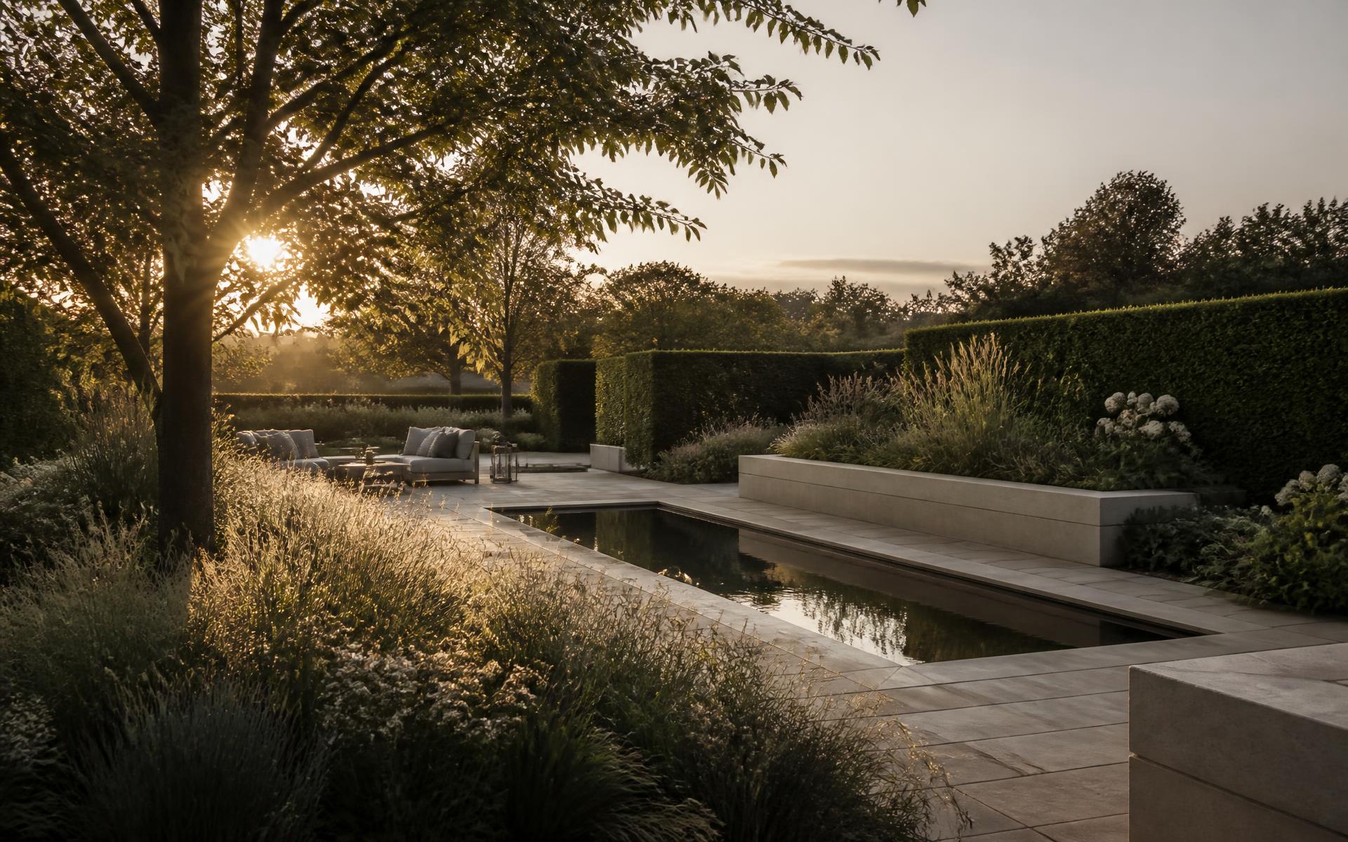 A contemporary garden with clipped hedges and a reflecting pool at golden hour